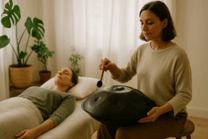Hand pan sound healing session in progress in a wellness center