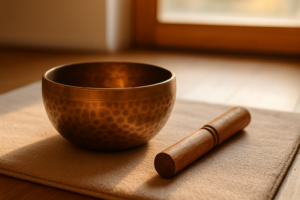 Handcrafted Tibetan singing bowl with mallet on a meditation mat