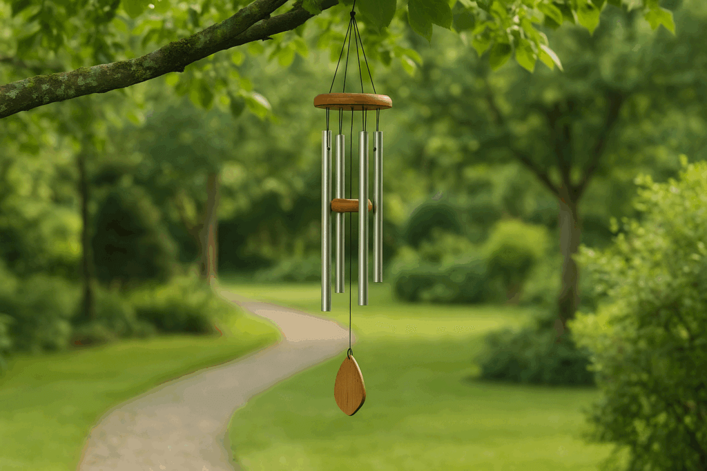 Wind chime hanging from a tree branch in a peaceful garden