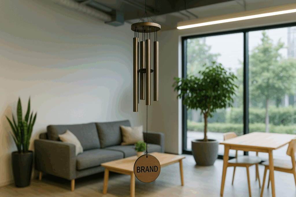Custom wind chime with logo hanging in a workplace relaxation zone