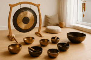 Metal sound healing instruments arranged for a meditation session